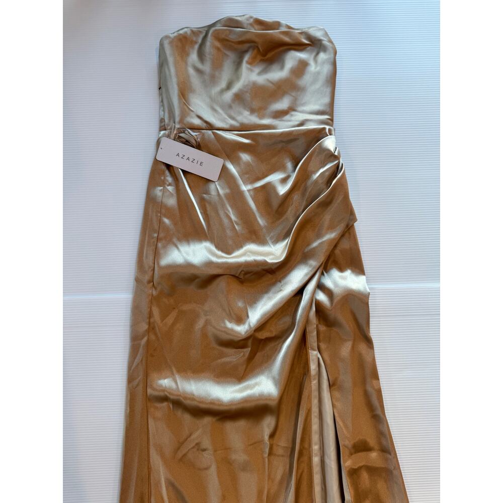 Azazie Leonis Champagne Gold Metallic Satin Mermaid Gown NWT A8 Formal Evening - Picture 8 of 16